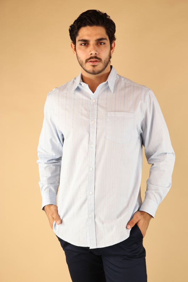 Camisa Manga Corta Azul Cielo Hombre Rayas Texturizada Elegante Fresca